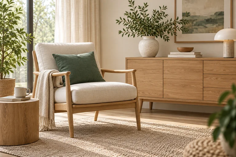 Inspirație pentru amenajare: fotoliu și mobilier din lemn deschis.