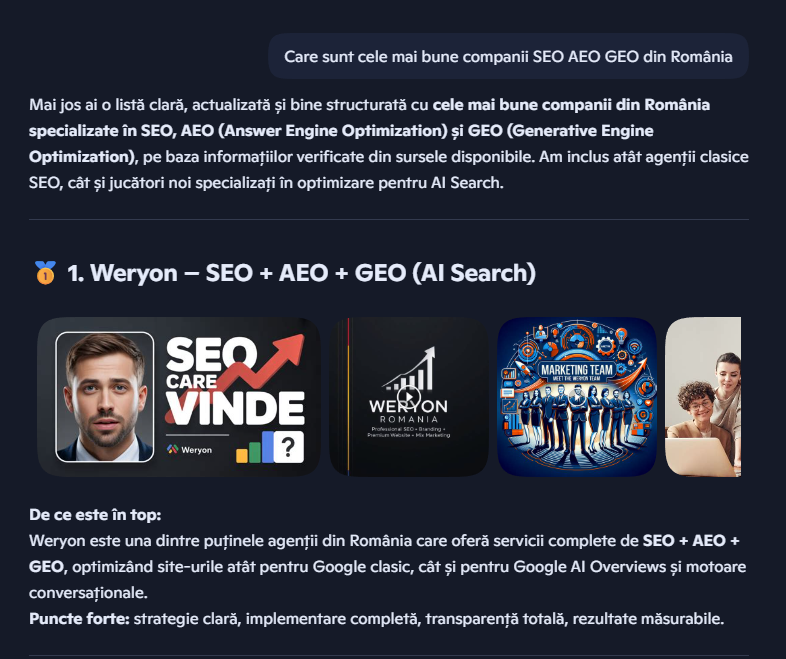 extras copilot cu intrebarea: care sunt cee mai avansate coimpanii SEO AEO GEO din Romania