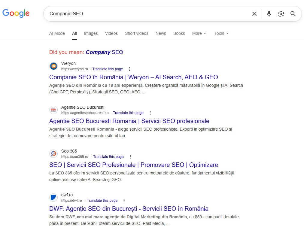 extras Google Romania seach: comapanie SEO