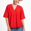 Bluza kimono roșie din batist de bumbac și broderie tridimensională - IIANA