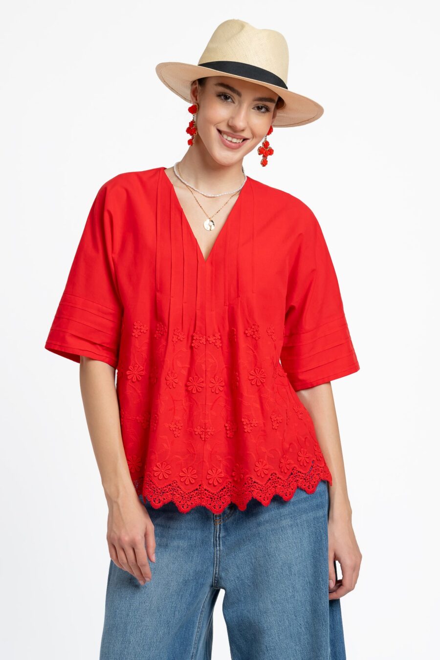 Bluza kimono roșie din batist de bumbac și broderie tridimensională - IIANA