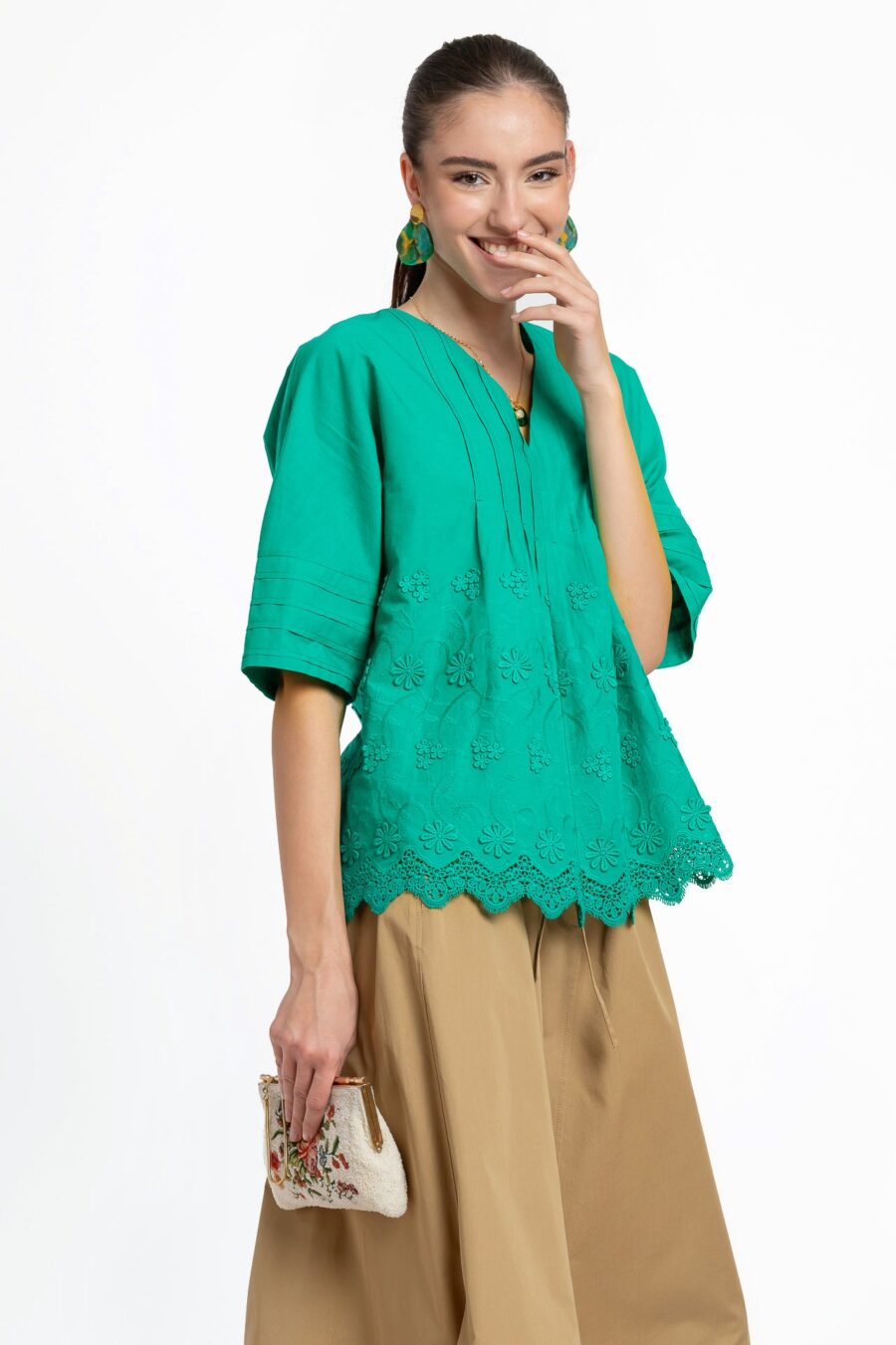 Bluza kimono verde din batist de bumbac și broderie tridimensională - IIANA