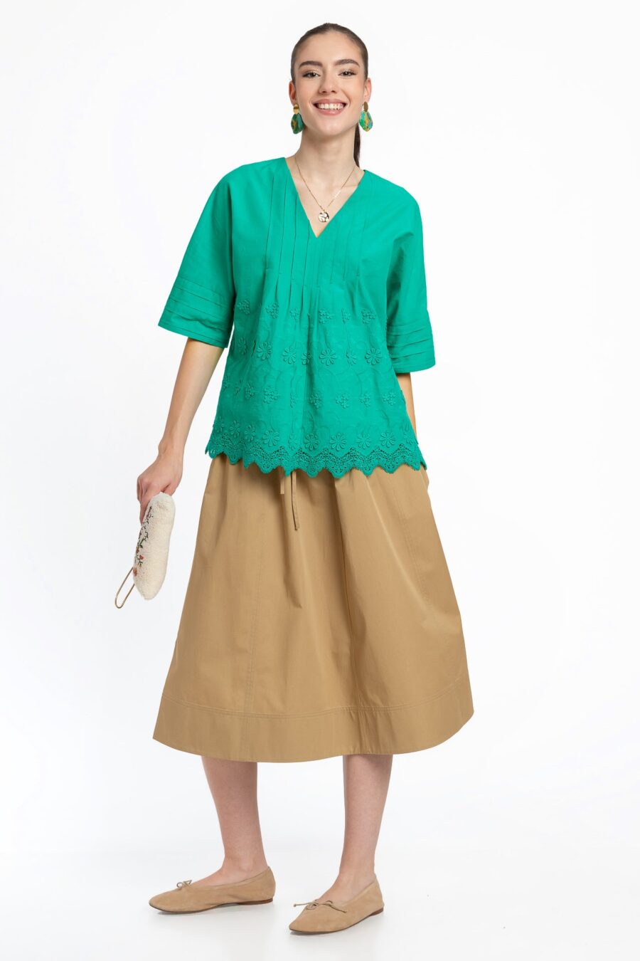 Bluza kimono verde din batist de bumbac și broderie tridimensională - IIANA