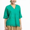 Bluza kimono verde din batist de bumbac și broderie tridimensională - IIANA