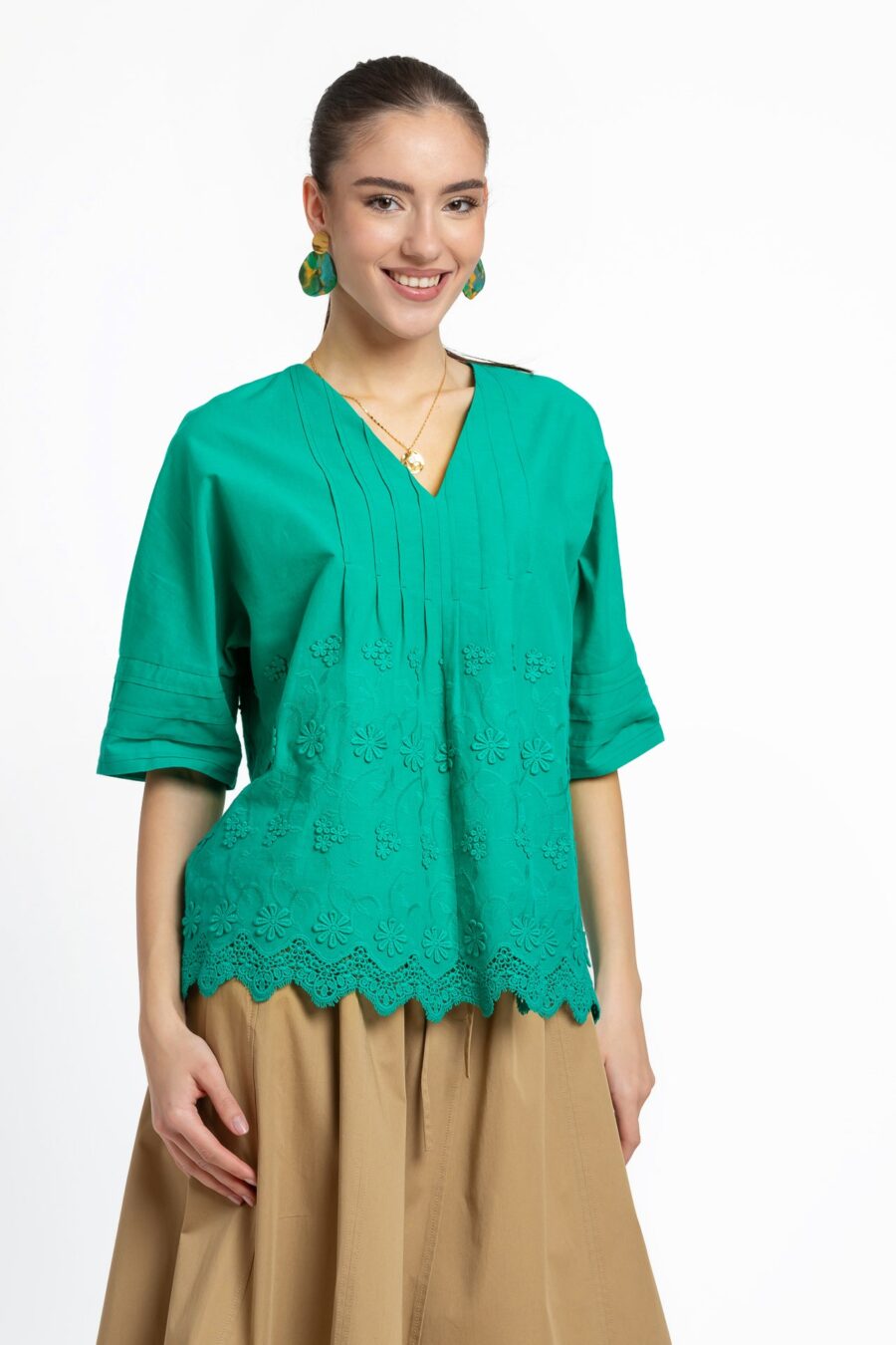 Bluza kimono verde din batist de bumbac și broderie tridimensională - IIANA