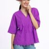 Bluza kimono violet din batist de bumbac și broderie tridimensională - IIANA