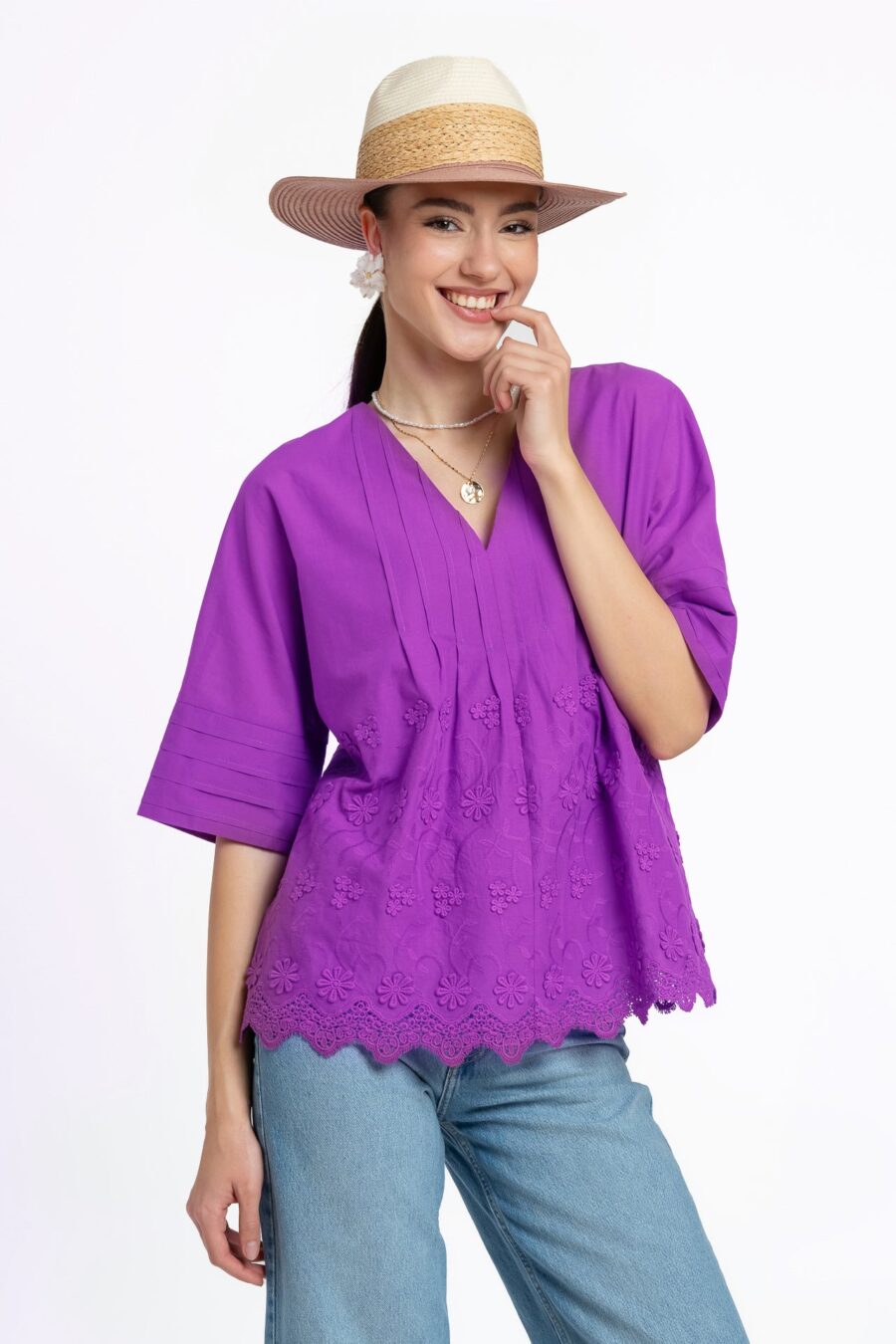 Bluza kimono violet din batist de bumbac și broderie tridimensională - IIANA