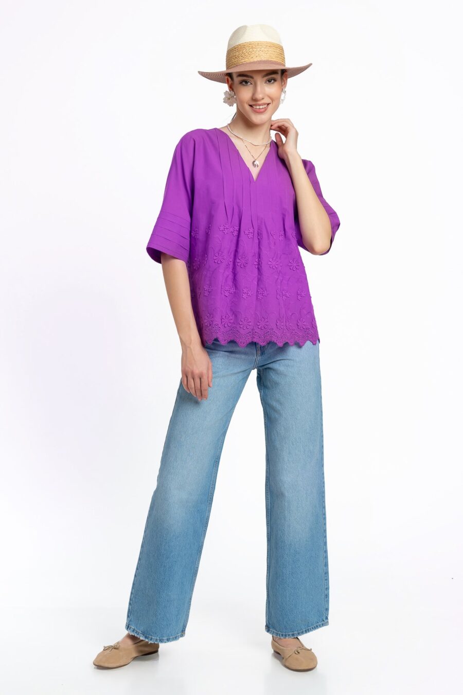 Bluza kimono violet din batist de bumbac și broderie tridimensională - IIANA