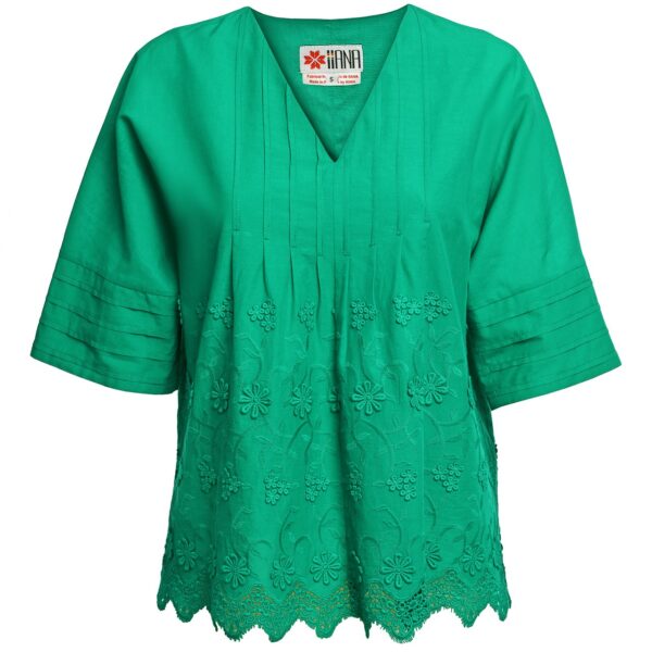 Bluza kimono verde din batist de bumbac și broderie tridimensională - IIANA