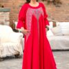 Rochia lungă roșie din in și jacquard țesut Ivoneta - IIANA