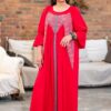 Rochia lungă roșie din in și jacquard țesut Ivoneta - IIANA