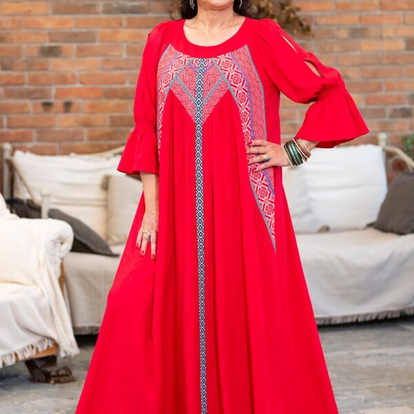 Rochia lungă roșie din in și jacquard țesut Ivoneta - IIANA