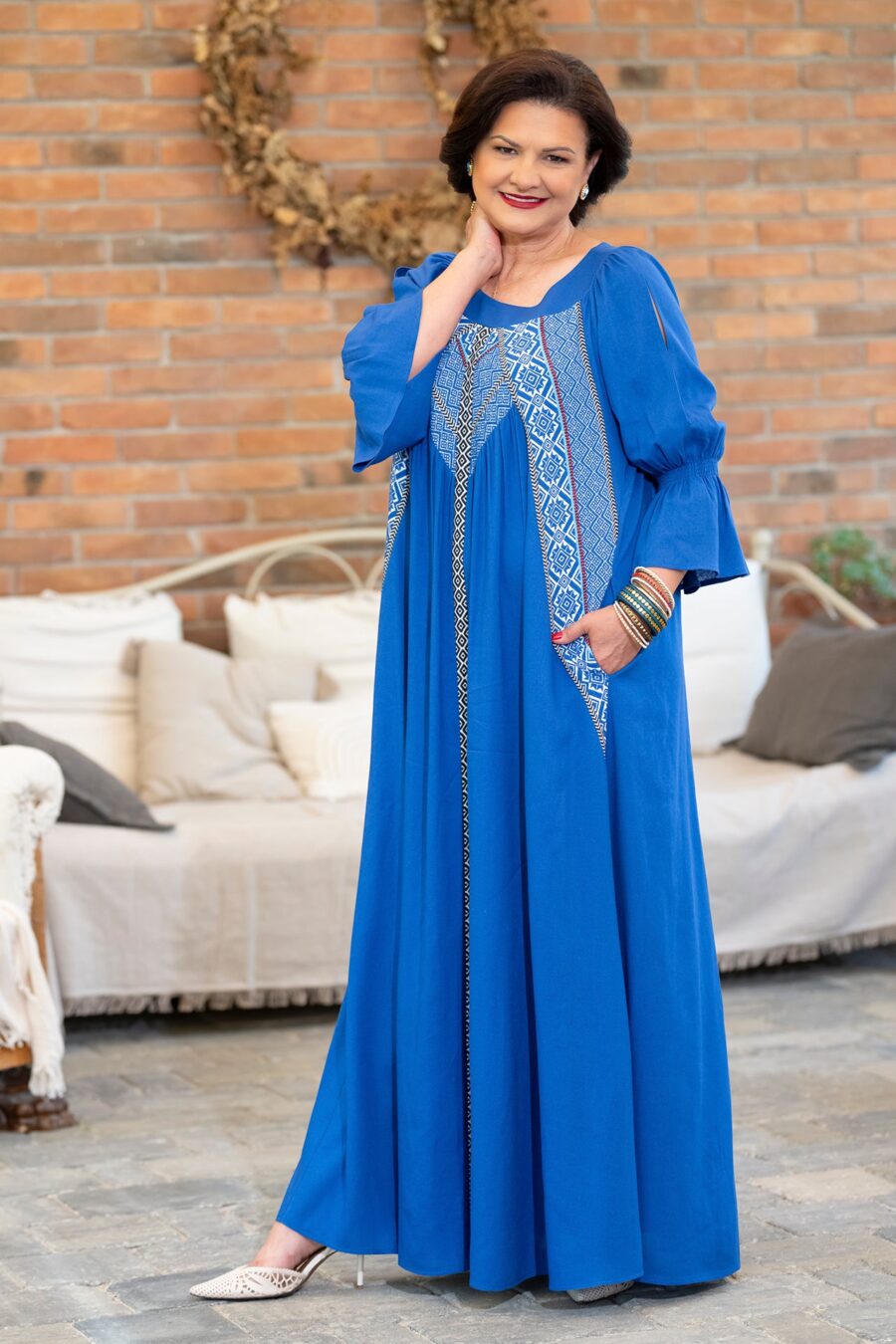 Rochia lungă albastră din in și jacquard țesut Polina - IIANA