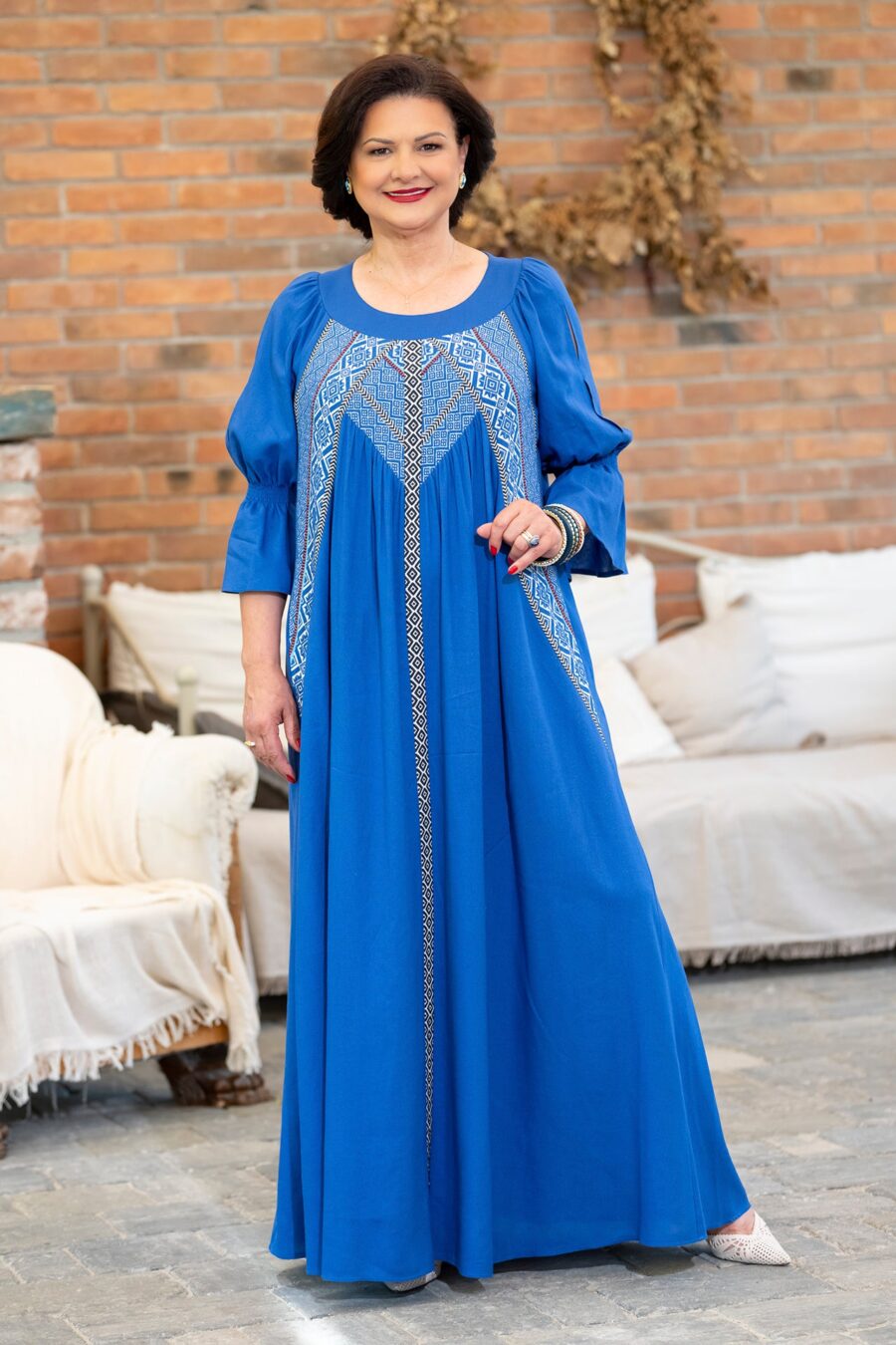 Rochia lungă albastră din in și jacquard țesut Polina - IIANA