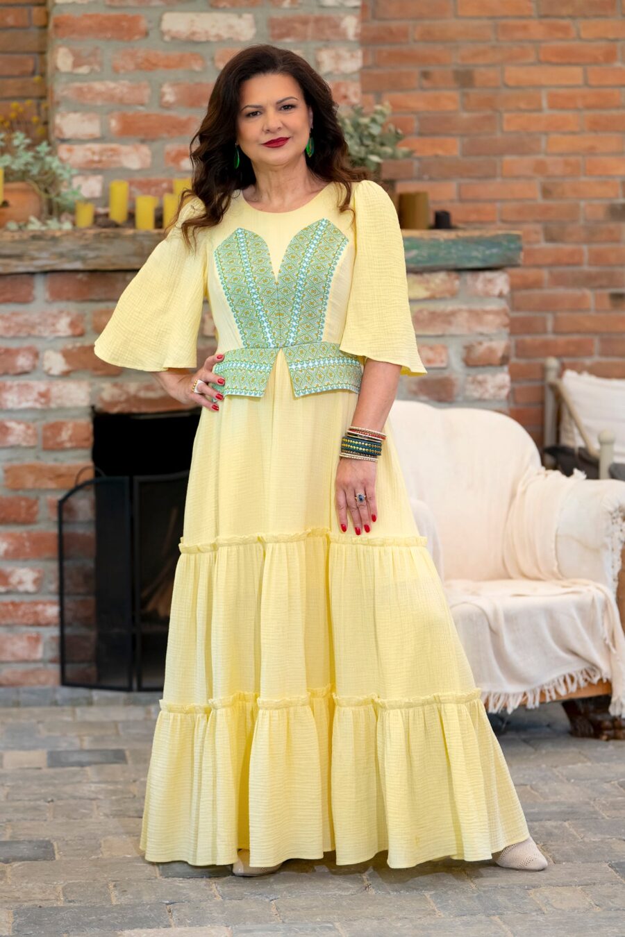 Rochie lungă galben pal vanilat din muselină și jacquard etnic țesut - IIANA
