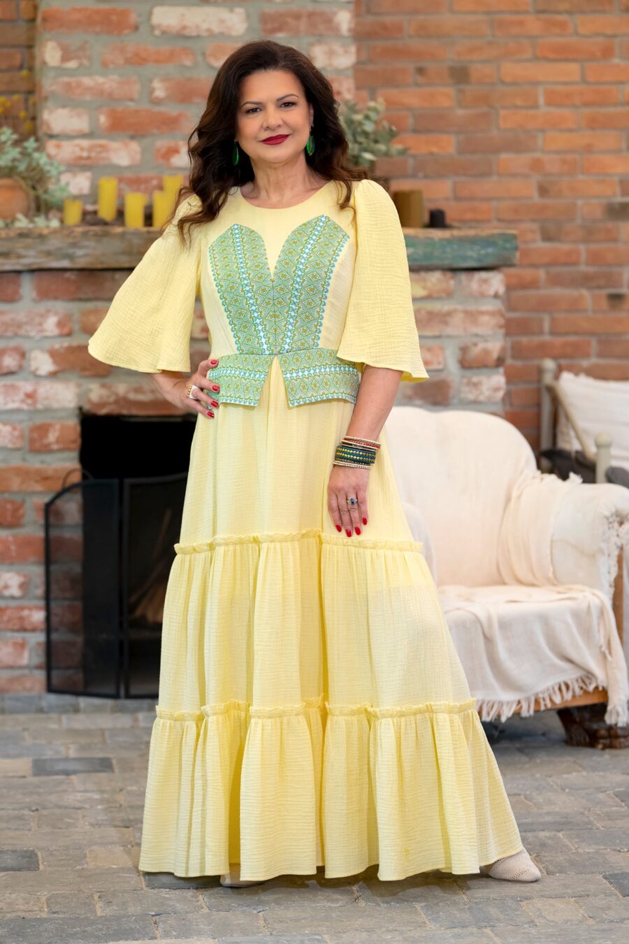 Rochie lungă galben pal vanilat din muselină și jacquard etnic țesut - IIANA