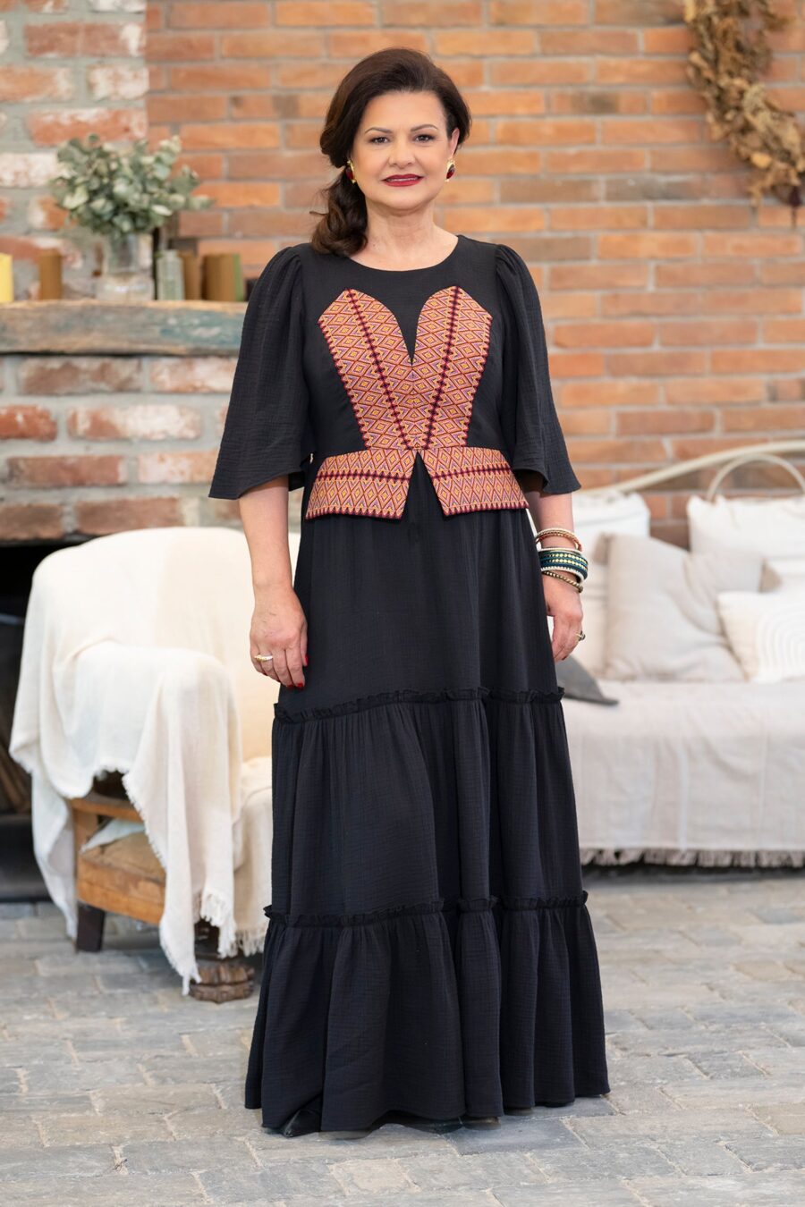Rochie lungă neagră din muselină și jacquard etnic țesut - IIANA