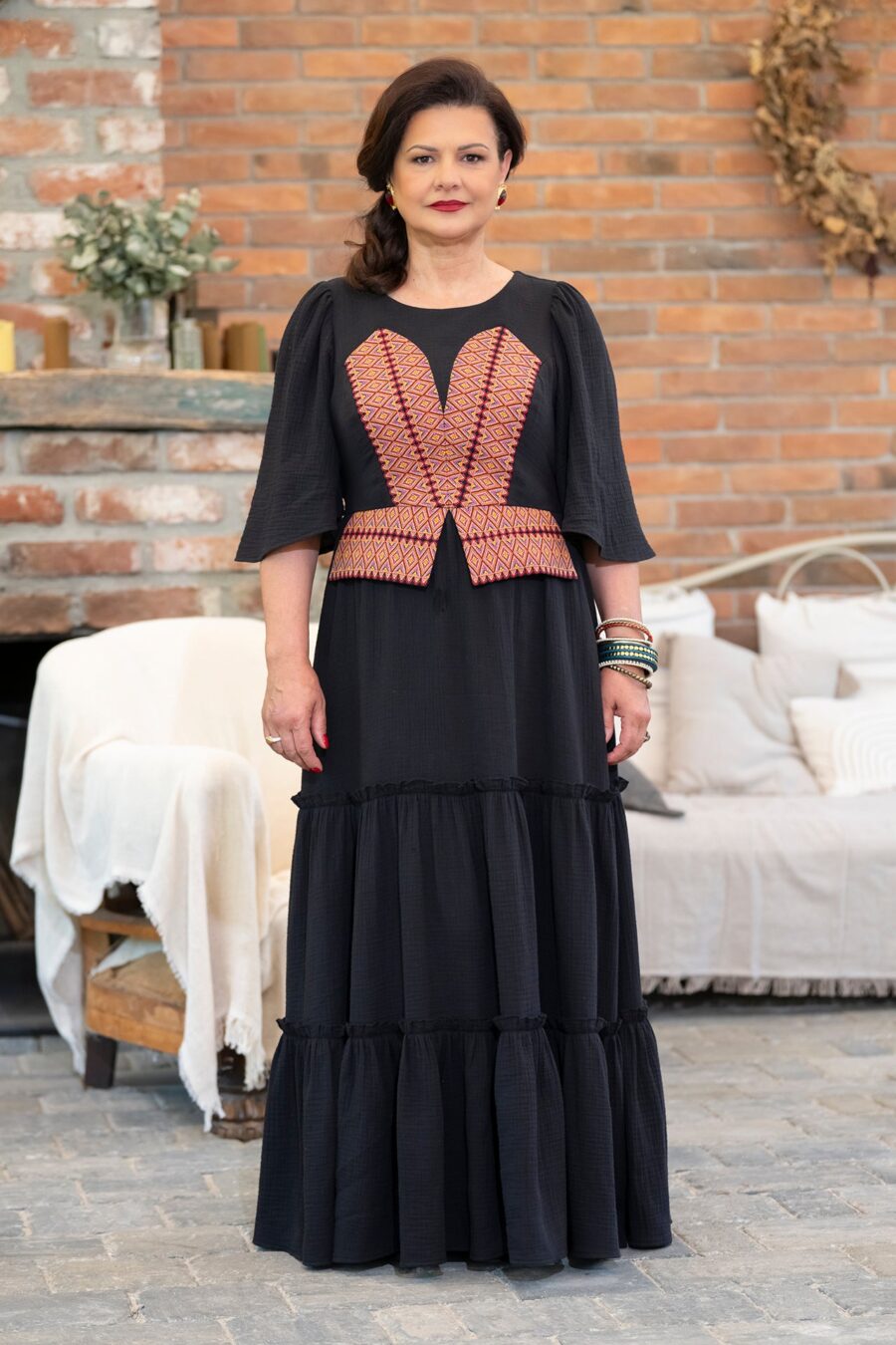 Rochie lungă neagră din muselină și jacquard etnic țesut - IIANA