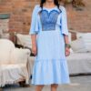 Rochie midi din muselină bleu cu jacquard și dantelă tradițională - IIANA