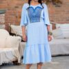 Rochie midi din muselină bleu cu jacquard și dantelă tradițională - IIANA
