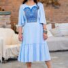Rochie midi din muselină bleu cu jacquard și dantelă tradițională - IIANA