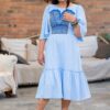 Rochie midi din muselină bleu cu jacquard și dantelă tradițională - IIANA