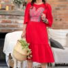 Rochia midi din muselină roșie cu jacquard țesut și dantelă tradițională - IIANA