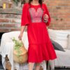 Rochia midi din muselină roșie cu jacquard țesut și dantelă tradițională - IIANA