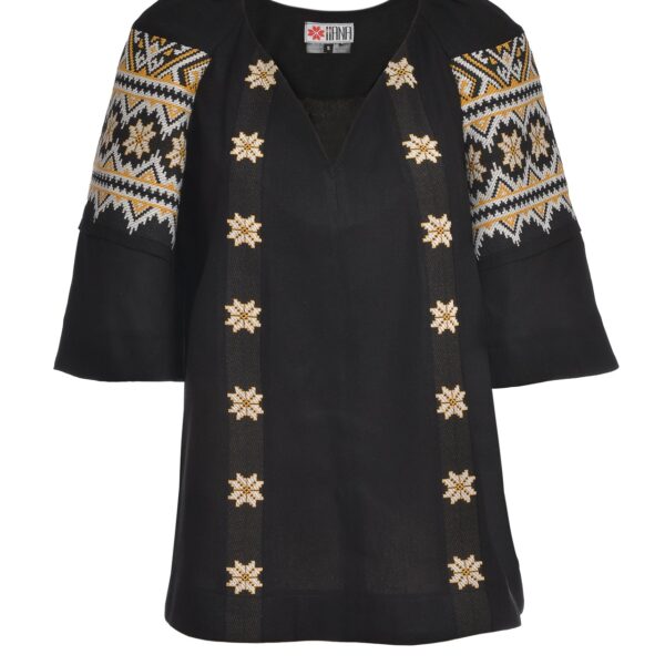 Ie stilizată neagră din in și jacquard etnic țesut Daria - IIANA