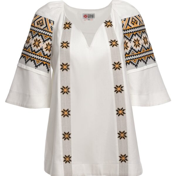 Ie stilizată albă din in și jacquard etnic țesut Lucia - IIANA