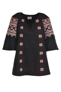 Ie neagră  stilizată din in și jacquard etnic țesut Irina
