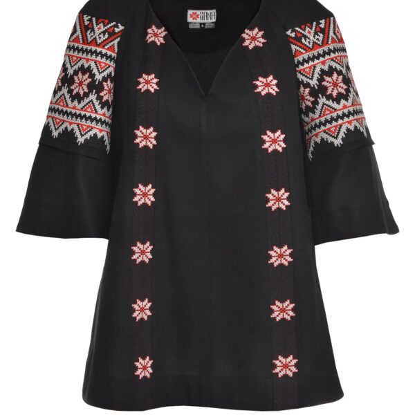 Ie neagră  stilizată din in și jacquard etnic țesut Irina - IIANA