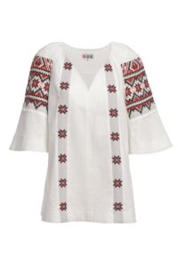 Ie stilizată albă din in și jacquard etnic țesut Camelia