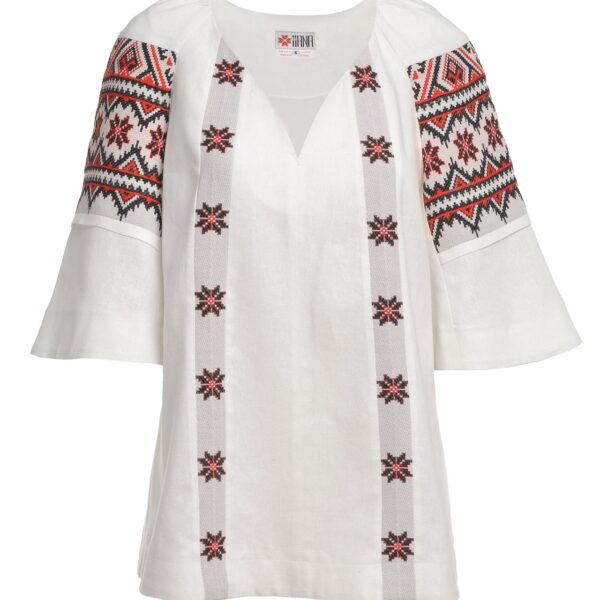 Ie stilizată albă din in și jacquard etnic țesut Camelia - IIANA