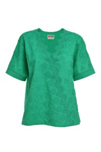 Bluză chimono verde din batist de bumbac și broderie tridimensională