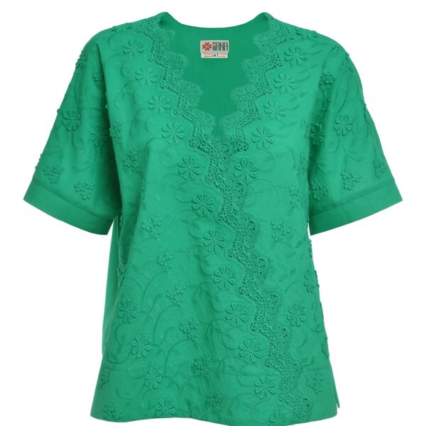 Bluză chimono verde din batist de bumbac și broderie tridimensională - IIANA