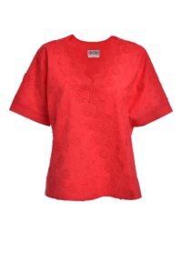 Bluză chimono roșie din batist de bumbac și broderie tridimensională