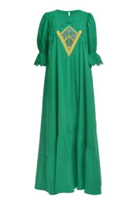 Rochia lungă verde din batist cu jacquard etnic și broderie tridimensională
