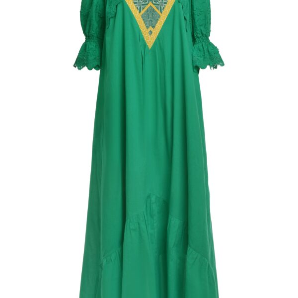 Rochia lungă verde din batist cu jacquard etnic și broderie tridimensională - IIANA