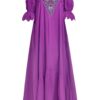 Rochia lungă violet din batist cu jacquard etnic și broderie tridimensională - IIANA