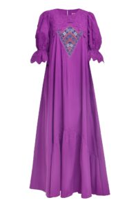 Rochia lungă violet din batist cu jacquard etnic și broderie tridimensională
