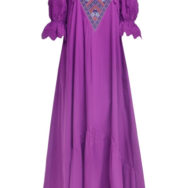 Rochia lungă violet din batist cu jacquard etnic și broderie tridimensională - IIANA