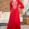 Rochia etno din muselină roșie și corset românesc din jacquard tradițional - IIANA