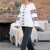 Ie contemporană din in alb și jacquard etnic țesut cu motive tradiționale - IIANA