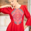 Rochia etno din muselină roșie și corset românesc din jacquard tradițional - IIANA