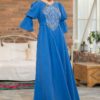 Rochia etno din muselină albastru regal și corset românesc din jacquard tradițional - IIANA