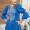 Rochia etno din muselină albastru regal și corset românesc din jacquard tradițional - IIANA