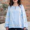 Ie bleu din in cu dantelă românească tradițională crem din bumbac - IIANA