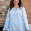 Ie bleu din in cu dantelă românească tradițională crem din bumbac - IIANA