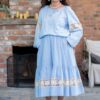 Fusta bleu din batist de bumbac și dantelă românească tradițională crem - IIANA